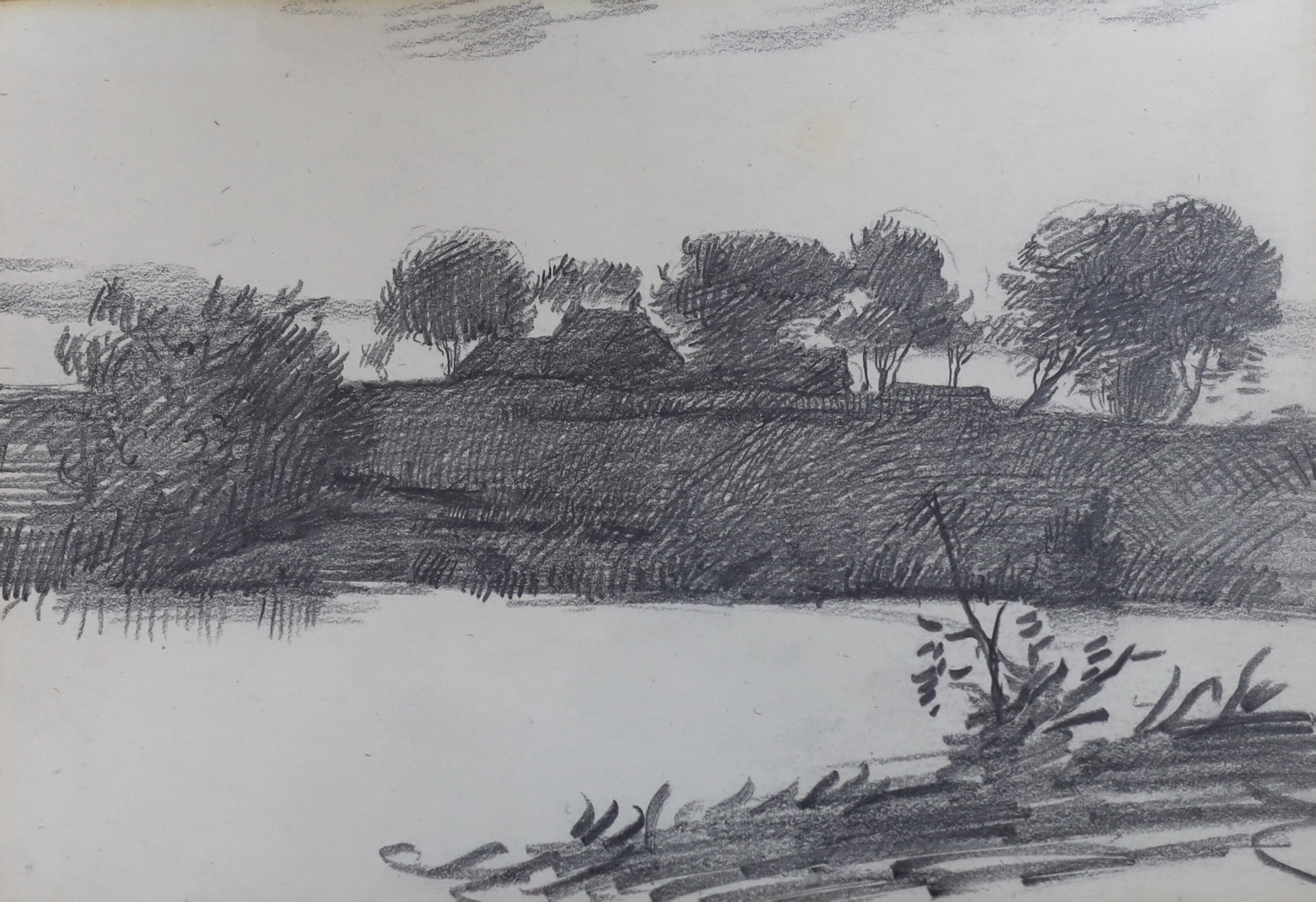 William Strang (Scottish 1859–1921) pencil, River landscape with trees and cottage, details verso, 24cm x 16cm